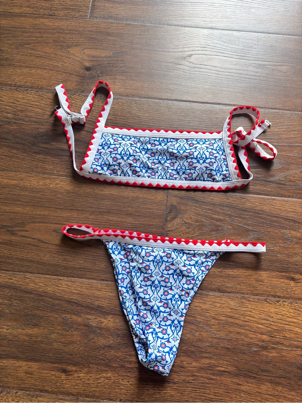 SHEIN Blue Floral Two-Piece Bikini with Red Trim